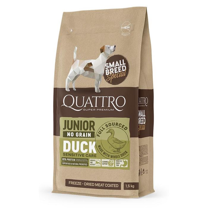 QUATTRO Super Premium No Grain Small Breed Junior, Duck Valpefôr